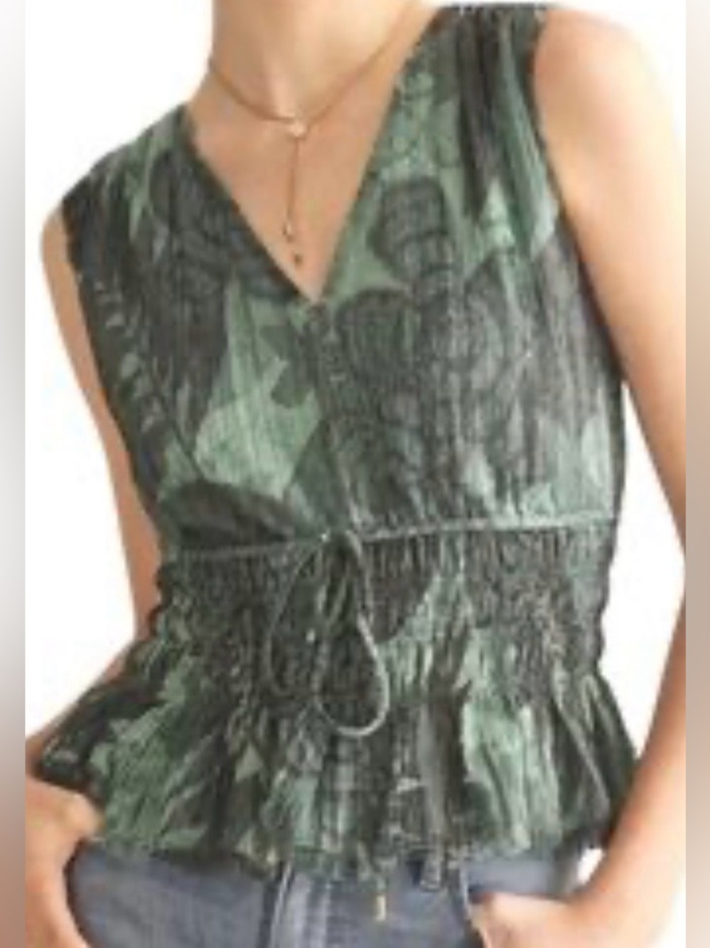 WHBM Mesh Metallic Tropical Bliss Sergeant Green Sleeveless Blouse